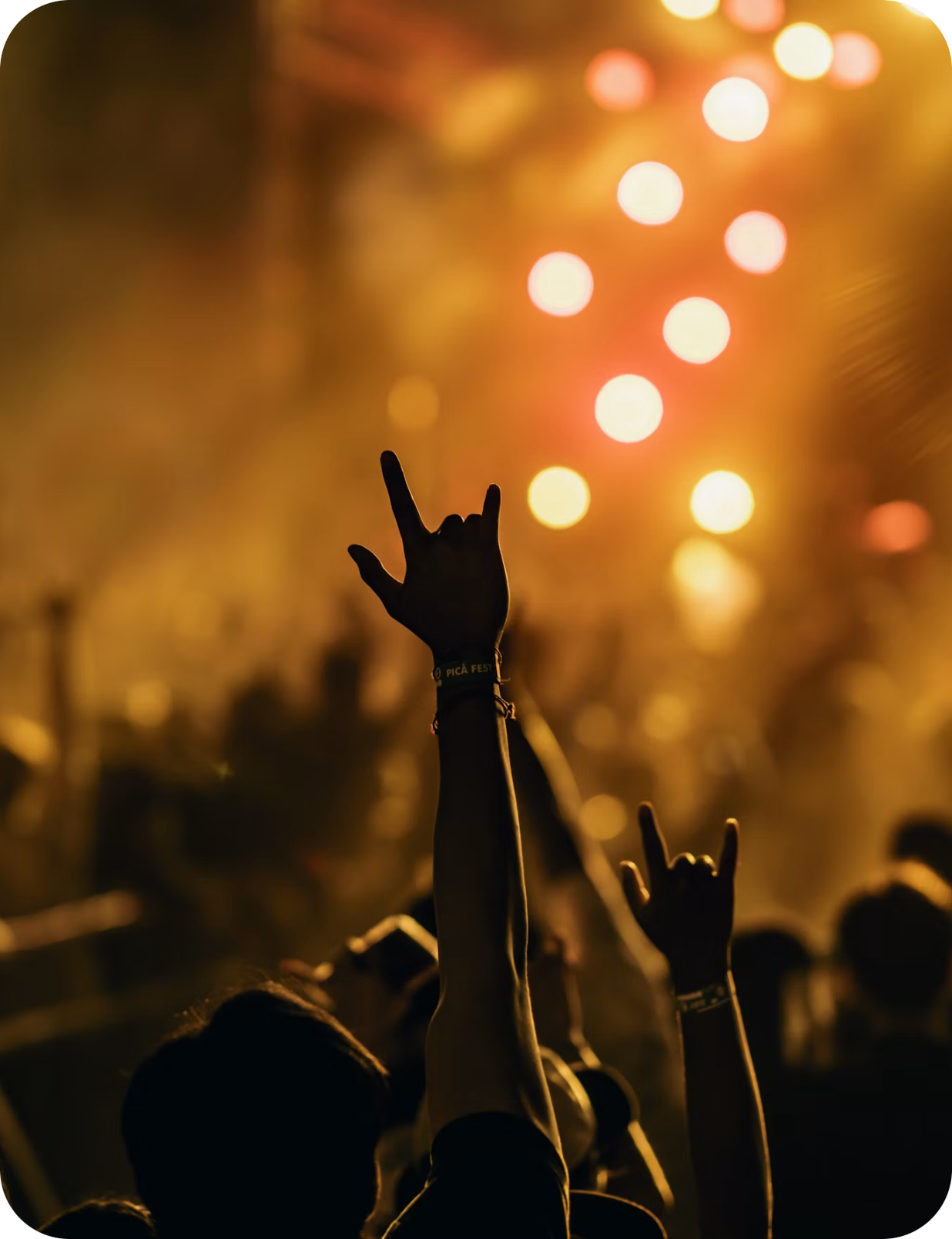 Audience at a concert under warm orange lights